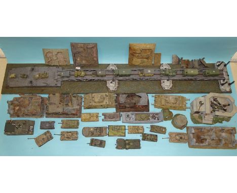 A large scale model of a WWII Bailey bridge&nbsp;on three pontoons, 132cm long, various model tanks, trucks, etc and war-ruin