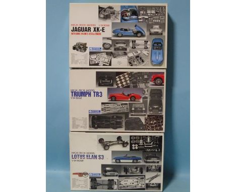 Gunze Sangyo, three 1/24 scale plastic and metal car kits: Lotus Elan S3, Triumph TR3 and Jaguar XK-E,&nbsp;(boxed, unchecked
