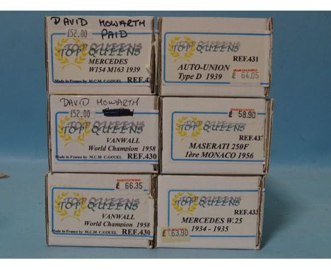 Top Queens white metal 1/43 scale car kits ref:429, 430 (x2), 431-433, (all boxed, unchecked, appear complete), (6). 