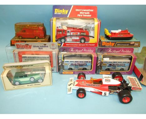 A Dinky Merryweather Marquis Fire Tender 285, Ford Transit Fire Appliance 271, an Sr.n6 Hovercraft, a Corgi Texaco-Marlboro M