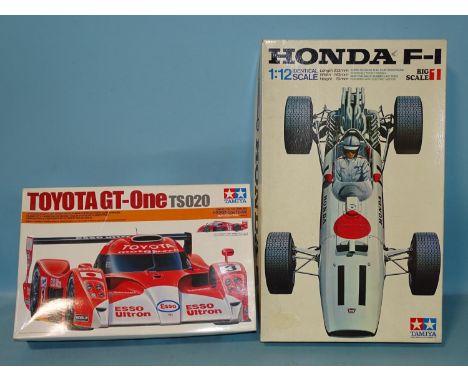 Tamiya, plastic kit cars: 1/12 scale Honda F-1 and 1/24 scale Toyota GT-One TS020,&nbsp;(all boxed, unchecked, appear complet