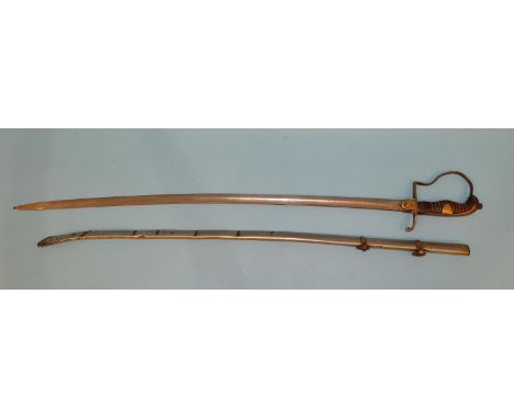 A WWI Ottoman Turkish Army officer's sword, with brass-mounted hilt inset with Ottoman crescent and star, composite ribbed gr