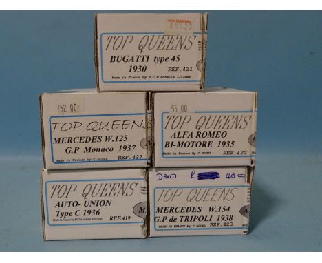 Top Queens white metal 1/43 scale car kits ref: 419, 421-423, 427,&nbsp;(all boxed, unchecked, appear complete), (5). 