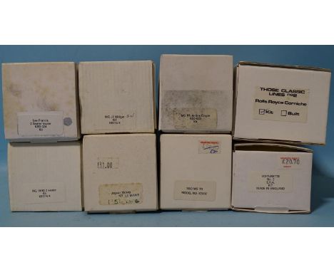 Eight various 1/43 scale white metal car kits: R.A.E. Models, SMTS, Voiturette, (all boxed, unchecked, appear complete), (8).