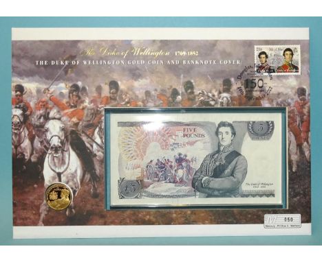 Westminster, "The Duke of Wellington Gold Coin and Banknote Cover", 2002 Alderney £25 22ct gold proof coin, (1/4oz), a bank o