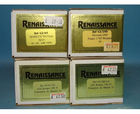 Renaissance, four 1/43 scale resin and metal car kits, no.s 43/10, 43/16B, 43/29D and 43/45, (boxed, unchecked, appear comple