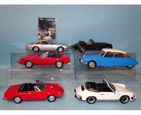 Paul's Model Art, two 1/18 scale diecast cars: Alfa Romeo Spider and Porsche 911, also four others, similar, (all with displa