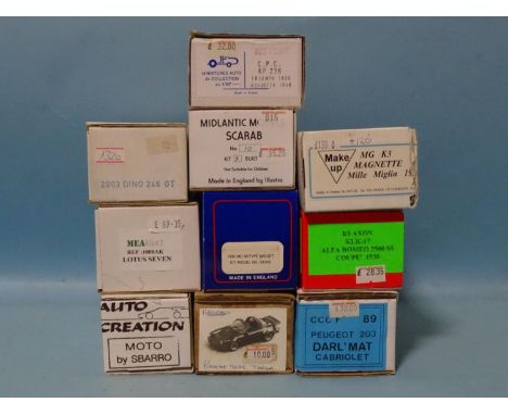 Ten 1/43 scale resin and metal car kits, various makers,&nbsp;(all boxed, unchecked, appear complete), (10). 