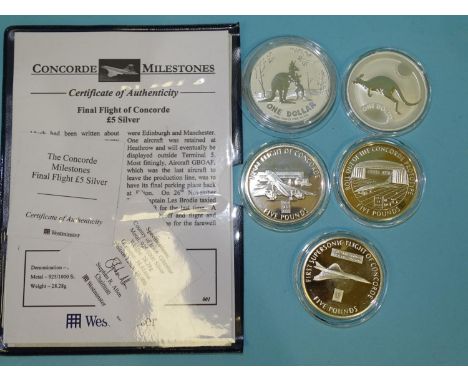 Westminster 'Concorde Milestones' 2006, three .925-silver £5 coins: 'First Supersonic Flight', 'Prototype', 'Final Flight' an