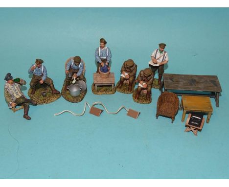 Thomas Gunn Miniatures,&nbsp;seven 1/30 scale WWI figures, army and airforce, with tables, chair and other accessories. 