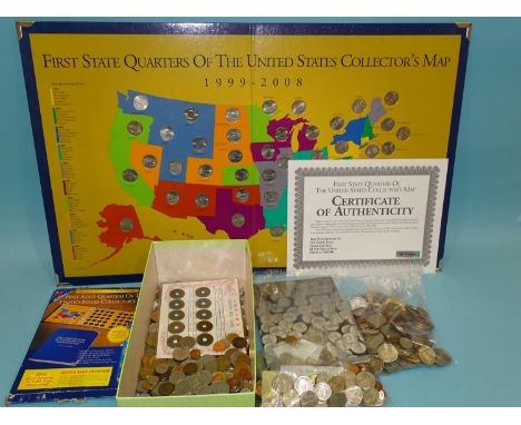 A collection of British and World coinage, including a small quantity of silver coinage, USA First State quarters, collectors