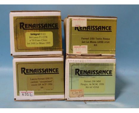 Renaissance, four 1/43 scale resin and metal car kits, (boxed, three appear complete, car body missing from Ferrari 250 Testa