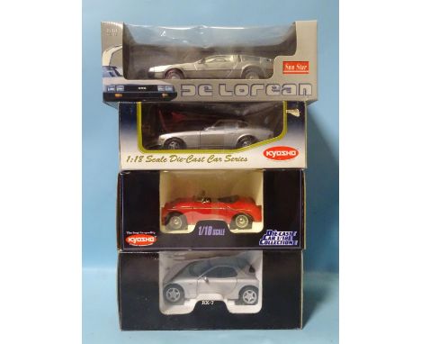 Kyosho, three boxed 1/18 scale sports cars and one boxed Sunstar DeLorean, (4). 