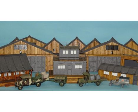 A group of 1/30 scale scratch built WWI airfield buildings designed as a diorama, a resin barrage balloon truck and trailer a