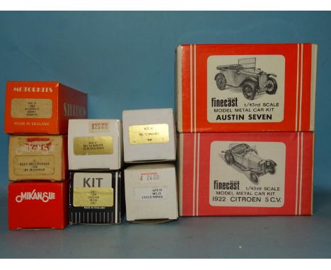 Nine 1/43 scale metal car kits: Wills Finecast (x2), K &amp; R Replicas (x3), Mikansue (x2) and two others, (all boxed, unche