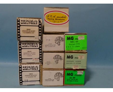 Ten 1/43 scale resin and metal car kits by Original Miniatures (x3), Jade Miniatures (x3), MG Models (x3) and DVA Models (x1)