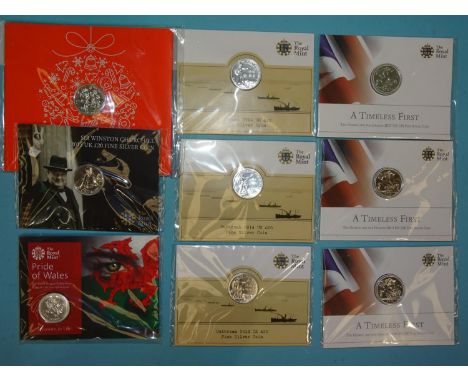 The Royal Mint, a collection of nine B.Unc ££20 fine silver coins, including 2014 Outbreak (x3), 2013 A Timeless First (x3), 