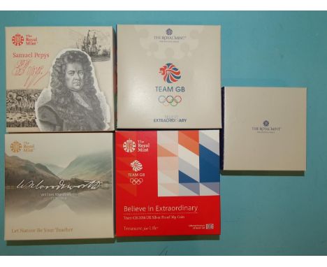 The Royal Mint, a collection of five cased silver proof coins, comprising: 2020 'William Wordsworth' £5, 2019 'Samuel Pepys' 