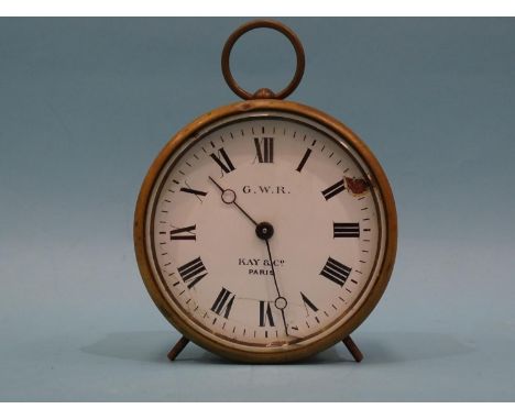 A Great Western Railway (GWR) brass drum clock, with GWR, Kay &amp; Co, Paris on the 8.5cm enamel dial, (dial damaged by numb