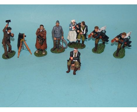 John Jenkins Designs, seven 1/30 scale WWI figures: two running pilots, two injured pilots, one other pilot and two other fig
