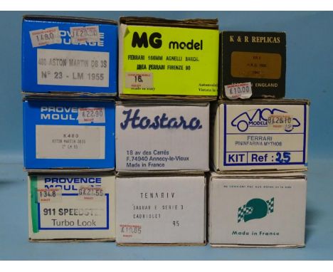 Nine 1/43 scale resin and metal model car kits by Provence Moulage (x3), Hostaro, MG Model, K&amp;R and others,&nbsp;(boxed, 