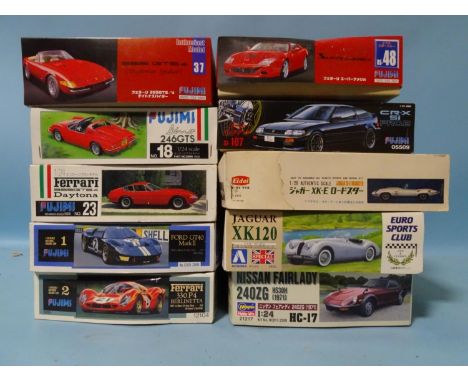 Ten 1/24 and 1/20 scale plastic car kits, mainly by Fujimi,&nbsp;(boxed, unchecked, appear complete), (10). 