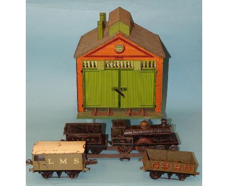 Hornby O gauge, No.1 Engine Shed, green base with two-rail track, two wagons and a loading gauge, with a Karl Bub 4-4-0 c/w l