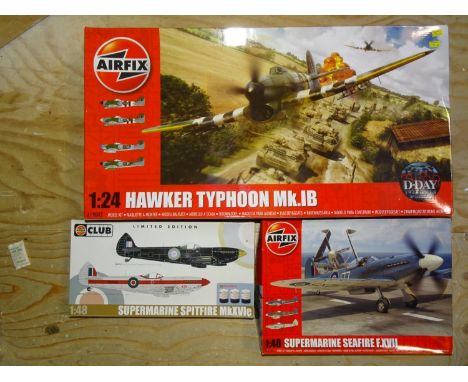 Airfix, 1/24 scale Hawker Typhoon Mk 1b plastic kit and two 1/48 scale Airfix kits: Supermarine Spitfire Mk XVIe and Supermar