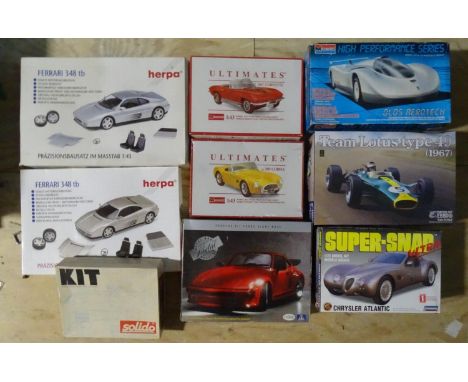 Nine plastic model car kits, various scales, by Herpa, Monogram, Italeri, Ebbro and Lindberg, (boxed, unchecked, appear compl