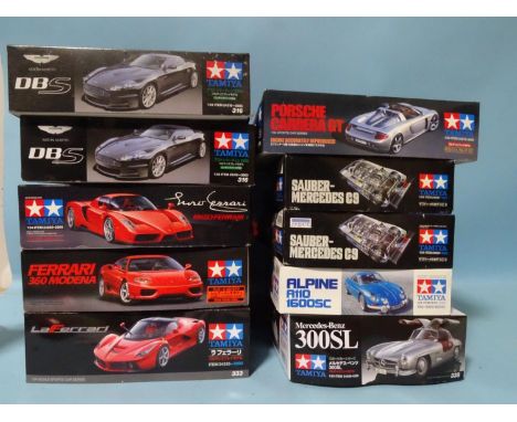 Tamiya, ten plastic 1/24 scale kits: all road cars, Ferrari (x3), Aston Martin (x2), Mercedes-Benz (x3), Porsche and Alpine,&