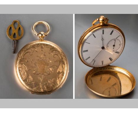 AN 18CT YELLOW GOLD FULL HUNTER BY ANCRE, CHARLER, GENEVÉ, NO. 9916, cover engraved with flowers and leaves, bearing a vacant