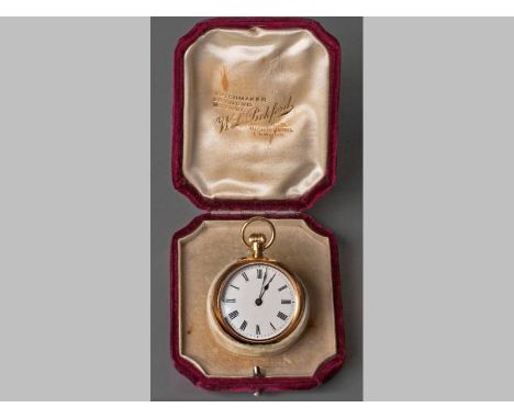AN 18CT YELLOW GOLD LADIES POCKET WATCH BY DENT "WATCHMAKER TO THE QUEEN", with white enamel dial, Roman numerals and blued h