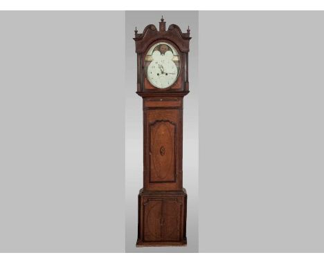 AN EARLY 19TH CENTURY OAK AND MAHOGANY LONGCASE CLOCK, BY W. ELLIS, WREXHAM, the twin-train movement with a painted dial in A