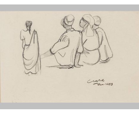 PETER CLARKE (1921 - 2014), MALAY WOMEN, pencil sketch on paper, signed and dated Jan 1953, 12 by 18cm.