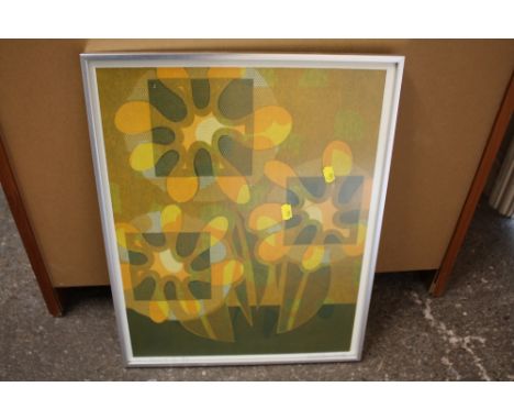 GERALD CLEMENCE - A FRAMED AND GLAZED RETRO PRINT ENTITLED 'FLOWER MOVEMENT III' 3/5 SIGNED LOWER RIGHT - SIZE INC FRAME - 52