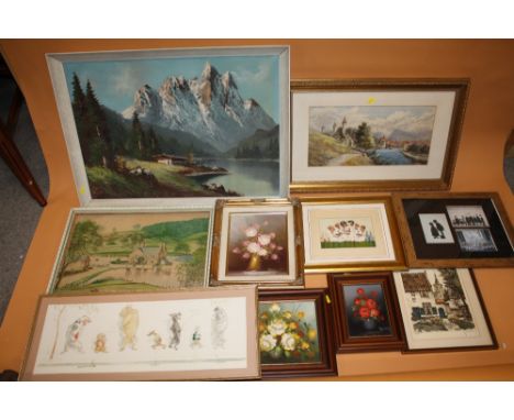 A QUANTITY OF OIL PAINTING, WATERCOLOURS AND PRINTS TO INCLUDE A OIL ON CANVAS MOUNTAINOUS SCENE, WATERCOLOUR OF A RIVER SCEN