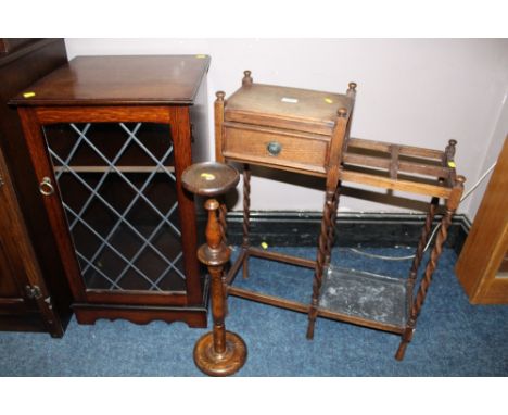 A SMALL OAK BARLEYTWIST STICK/TELEPHONE STAND TOGETHER WITH A SMOKERS STAND AND A SMALL GLAZED MUSIC CABINET (3)