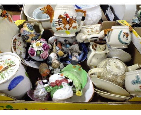 THREE TRAYS OF ASSORTED CERAMICS TO INCLUDE  HUNTING INTEREST THREE PIECE TEA SERVICE, TEAPOTS ETC. 