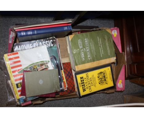 A TRAY OF VINTAGE BOOKS AND MAGAZINES TO INCLUDE FILM RELATED MAGAZINES, 'WHO'S WHO IN CRICKET' BOOK ETC.
