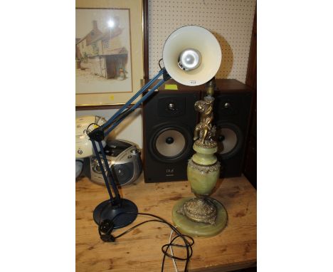 A VINTAGE ONYX AND GILT TABLE LAMP, TOGETHER WITH AN ANGLE POISE LAMP (2)