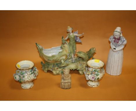 A PAIR OF CONTINENTAL STYLE FLORAL VASES, TOGETHER  WITH A FIGURATIVE CERAMIC CENTREPIECE AND TWO OTHERS (5)