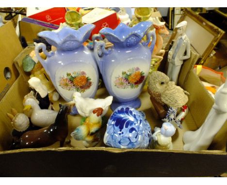 A TRAY OF CERAMIC FIGURES ETC TO INC A PAIR OF STAFFORDSHIRE STYLE DEER VASES&nbsp;
