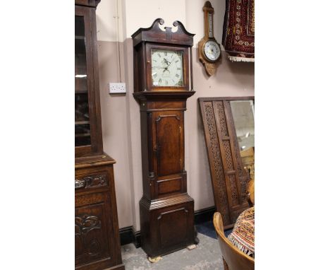 A LOCAL SHREWSBURY 30 HR OAK LONGCASE CLOCK WITH PAINTED DIAL SINGLE WEIGHT AND PENDULUM H-200 CM