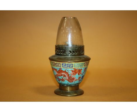 A CHINESE CERAMIC AND BRASS OIL BURNING LAMP OF SMALL PROPORTIONS STAMPED MADE IN HONG KONG TO BASE WITH GLASS SHADE HEIGHT (