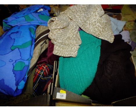 TWO TRAYS OF VINTAGE CLOTHING, KNITWEAR, SKIRTS ETC AND A 2PC SUIT BY BERNAT KLEIN , VARIOUS STYLES AND PERIODS INCLUDING 197