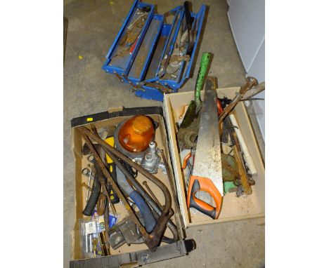 TWO TRAYS OF VARIOUS HAND TOOLS PLUS A TOOL BOX