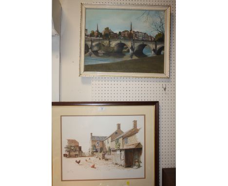 A FRAMED OIL ON BOARD DEPICTING A BRIDGE SIGNED JAMES WHARTON TOGETHER WITH A BARNYARD PRINT
