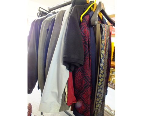 A SELECTION OF GENTS CLOTHING TO INC SHIRTS, TWO PIECE SUITS, VINTAGE ST MICHAEL DRESSING GOWN, WORK TROUSERS / SHORTS, A QUA