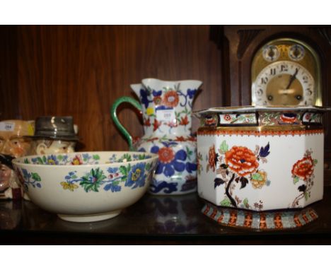 A VINTAGE IRONSTONE JUG, TOGETHER WITH A LOSOL WARE PLANTER AND A MASONS FRUIT BOWL (3)