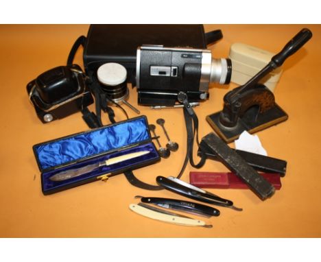 A BOX OF COLLECTABLES TO INCLUDE A MINOLTA SUPER 8 CAMERA, CUT THROAT RAZORS, VINTAGE PRESS FOR HEIGHT BLOCKS LIMITED ETC